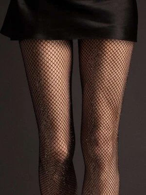 Glitzer Netzstrumpfhose 40DEN Gr.S,M,L schwarz silber kleines Netz Fishnet - Bild 1 von 4