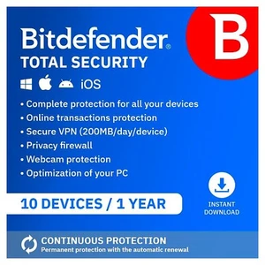Bitdefender Total Security 2025 200MB VPN 10 PC Devices 1 Year (EMAIL) - Picture 1 of 6