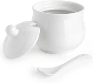 Ceramic Sugar Bowl with Lid and Spoon, Porcelain Salt Storage Jar, White Seasoni - Picture 1 of 12