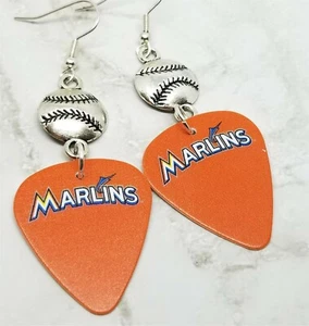 MLB Miami Marlins Guitar Pick Earrings with Baseball Connector Charms - Picture 1 of 3