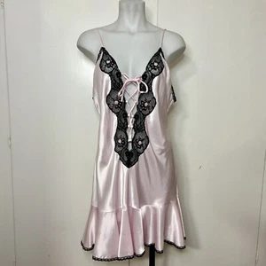 Vintage 90s Pink Black Lace Drop Waist Lace Up Neckline Mini Slip - Picture 1 of 7