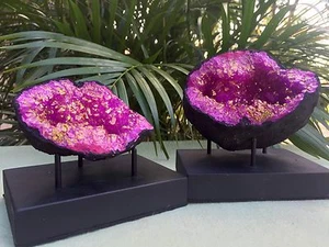 Large Pink Geode Pair W/Stands Crystal Geode Quartz Specimen Dyed Morocco Geode - Picture 1 of 12