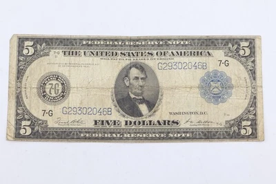 1914 $5 Federal Reserve Note, Large Size Note 7-G B - Image 1 of 2