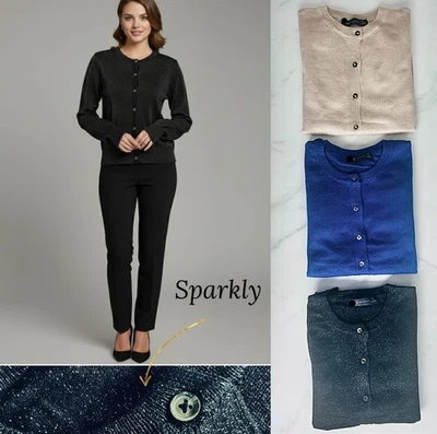 Ladies Marks Sparkle Cardigan Christmas Top Crew Neck Long Sleeve Black Gold NEW - Image 1 of 4