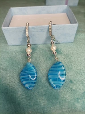 Orecchini Argento 925 Foglia Vetro Di Murano Azzurro Rif.O36 - Immagine 1 di 3