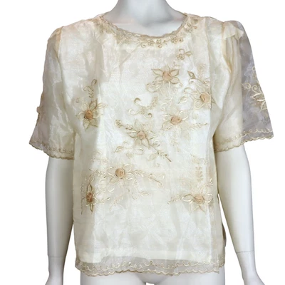 Blusa vintage filipina bordada apliques rosas marfil kimona para mujer grande Foto 1 de 4