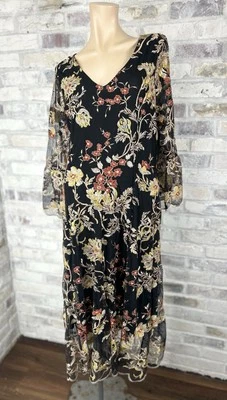 “Reba” Women’s Boho Hippie Black Embroidered Floral  Lace Lined Dress Sz 16 - Image 1 of 4