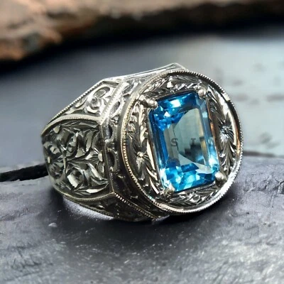 Piedras preciosas de topacio azul con anillo de plata de ley 925 para hombre #AL449 Foto 1 de 4