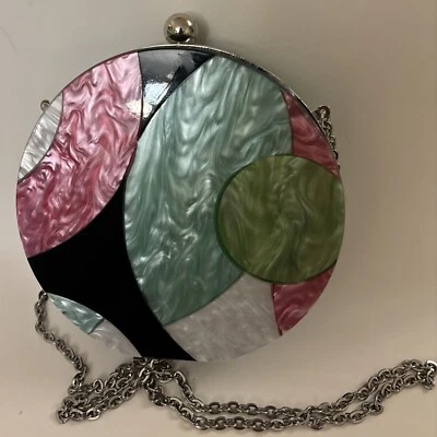 Zara Woman pearl Marble Effect Round Bag Purse New Black Pink Aqua Green Chain - Image 1 of 4