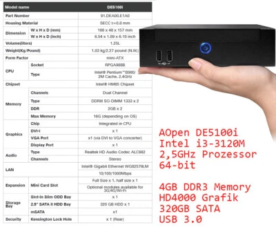 Presentation Computer Aopen De5100i i3 Intel CPU 4GB 320GB SATA USB 3.0 RS-232 - Image 1 of 4
