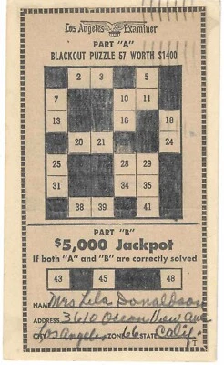 US Sc # UX 3  "BLACKOUT PETE", Los Angeles Examiner / Puzzle Game 1957 L.A. Cali - Image 1 of 2