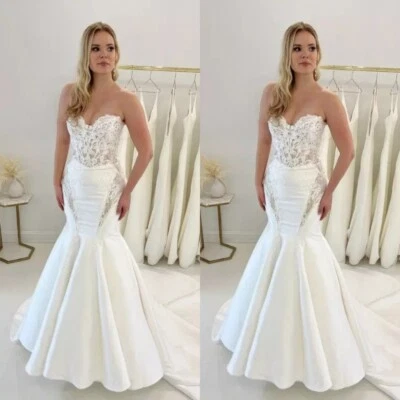Sexy Mermaid Wedding Dresses V Neck Lace Applique Sweep Train Satin Bridal Gowns - Image 1 of 4