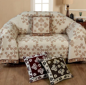 Chenille Floral 100% Cotton Sofa Cover Bed Throw 1 2 3 Seater Cream Choco Wine - Picture 1 of 1