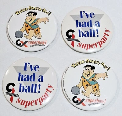 4 X Badge Vintage 80s Collectors Advertising Bowling The Flintstones Super Bowl - Image 1 of 2