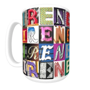 IRENE Kaffeebecher / Tasse mit dem Namen auf Fotos von Zeichenbuchstaben - Bild 1 von 3