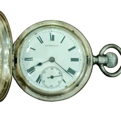 Reloj Bolsillo Longines Vintage Plateado - Cazador Completo - Sellos Plateados Foto 1 de 4