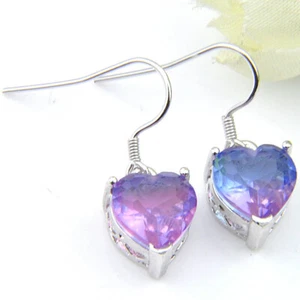 Holiday Jewelry Gift Heart Bi Color Tourmaline Gems Silver Dangle Hook Earrings - Picture 1 of 6