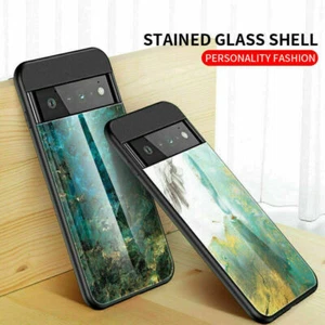 For Google Pixel 8 7 6 Pro Marble Patterned Tempered Glass Slim Back Case Cover - Picture 1 of 18