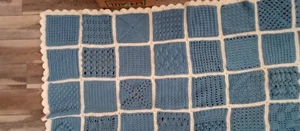 Large Handmade Blue Light Trim Granny Square Crocheted Afghan Blanket Roseanne - Picture 1 of 12