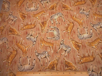 Animal Fabric By The Yard Tigers & Zegras on Rust & Light Brown Cotton Vtg C - Image 1 of 2