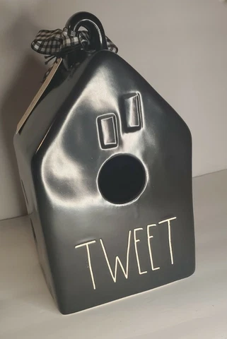 Rae Dunn HOME Ceramic Birdhouse Black Gingham Ribbon NWOB! By Magenta Cover