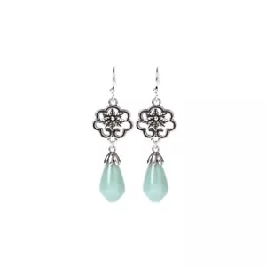 Nuevos pendientes de gancho colgantes de acero inoxidable florales de jade verde chino para dama - Imagen 1 de 5
