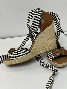 Tommy Hilfiger Sz9 LaceUp Wedge “Francine”Black/White Stripe Espadrille Sandals - Picture 1 of 12