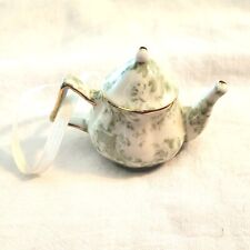 Teapot Ornament White & Green Victorian Couple Flowers Gold Trim 3"