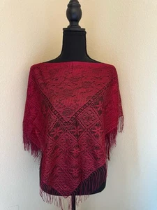 Lace Poncho Womens Fringe Shawl Boho Festival Red Metallic Thread - Picture 1 of 5