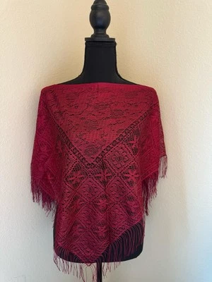 Vintage Burgundy Lace Fringe Shawl Boho Knit Wrap Scarf Poncho Evening Cover Up - Image 1 of 2