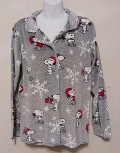 Munki Munki Peanuts Snoopy Womens Winter Pajama Shirt LARGE Top Snowflakes  - Picture 1 of 12