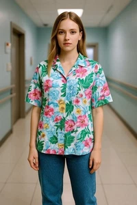 Lizwear Women's Floral Print Short Sleeve Blouse Sz L - Picture 1 of 10