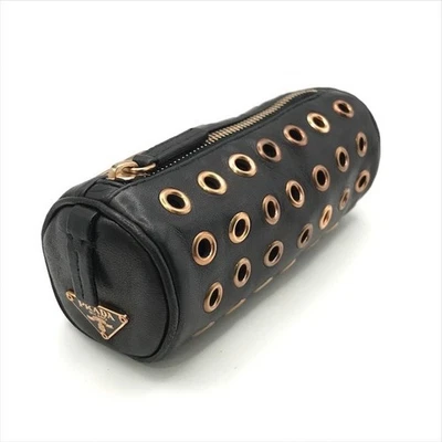 PRADA Triangular Logo Plate Perforated Pouch Bag Handbag Leather Black Used - Image 1 of 4