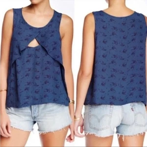 Free People Tank Top Small Blue Floral Sleeveless Cutout Layered Casual Blouse - Picture 1 of 8