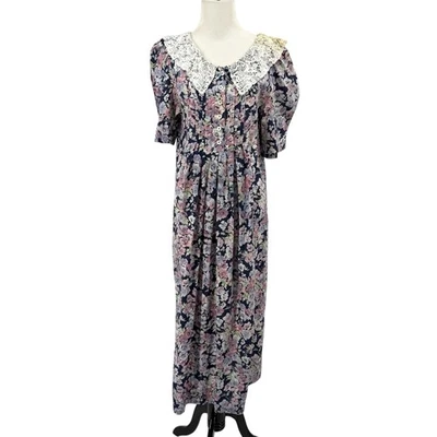 Vintage Laura Ashley Sz 10 Cottagecore Blue Floral Print Dress Crochet Collar - Image 1 of 4