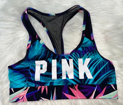 Victoria Secret Pink Sport Bra Ultimate Unlined Small Tropical Look Spell Out - Image 1 of 4