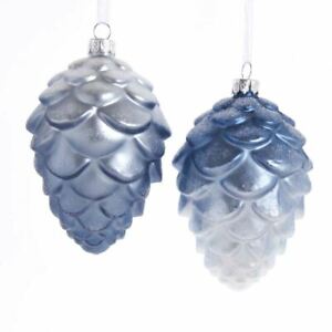 Blue White Pine Cone Nature Glass Christmas 4.25" Ornament Set 2 Kurt Adler 