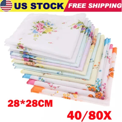 40/80PC Vintage Floral Flower Ladies Handkerchief Cotton Women Pocket Hanky US - Image 1 of 4