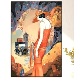 Art Canvas Art Deco Woman in Orange Dress & Hat with Vintage Car 16 x 24" - Picture 1 of 1