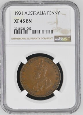 1931 AUSTRALIA 1 PENNY - NGC XF 45 BN, KEY DATE, FREE U.S./$12.50 WORLD SHIPPING - Image 1 of 2