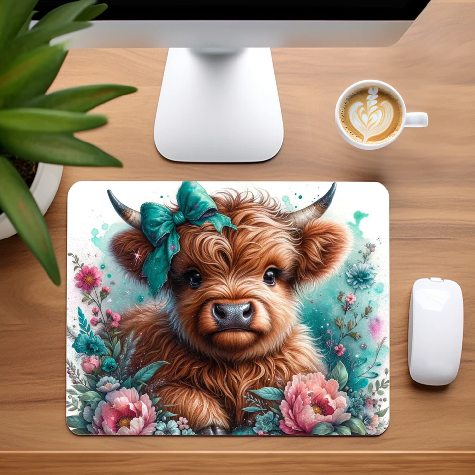 Highland Cow Teal Custom Non-Slip Neoprene Mouse Pad Home Office - Image 1 of 1