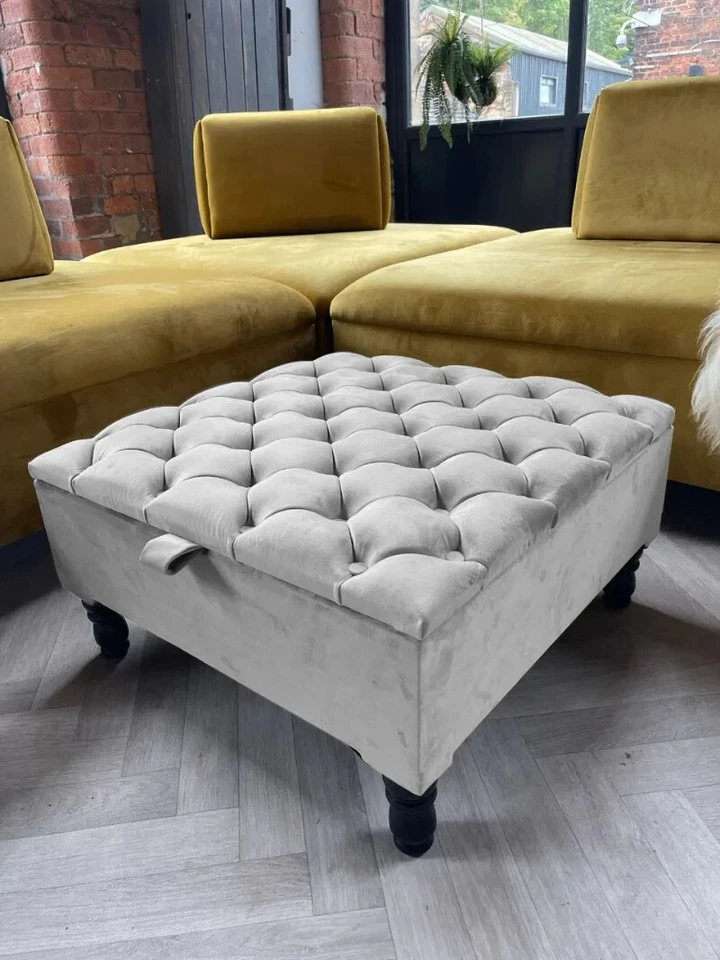 Large Light Grey Ottoman with Storage - Premium Chesterfield Square Footstool - Image 1 of 1