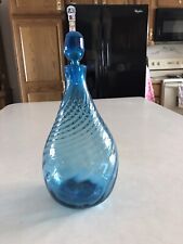 Vintage Blue Art Glass Hand Blown Bulbous Swirl Decanter Bottle 12”x5” W/Stopper
