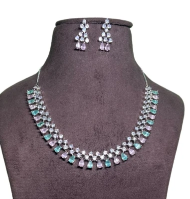 Multi Tourmaline Necklace Set ,925 Sterling Silver Earring With Necklace , - Image 1 of 3