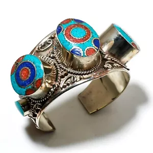 Tibetan Turquoise, Coral Natural Gemstone Sterling Silver Cuff Bracelet Jewelry - Picture 1 of 3