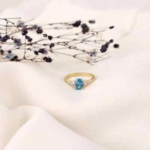 Anello Topazio Blu Naturale Argento 925 Taglio Ovale Proposta Anello Gioielli Perfetto - Foto 1 di 5