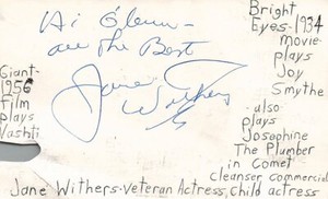 Jane Withers Veteran Actress Bright Eyes Giant Autographed Signed Index Card