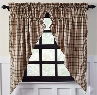 Cortinas de pradera 63" L con cordón gris tostado a cuadros casa de campo aserradero molino Foto 1 de 4