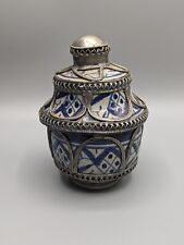 Moroccan Ceramic Tureen Jobbana with White Metal Silver - Fez, Antique, Islamic 