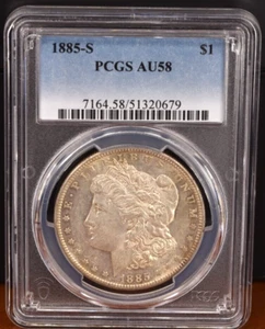 1885 S PCGS AU58 - Morgan Dollar $1 US Coin. Slight Toning more so on Reverse - Picture 1 of 4